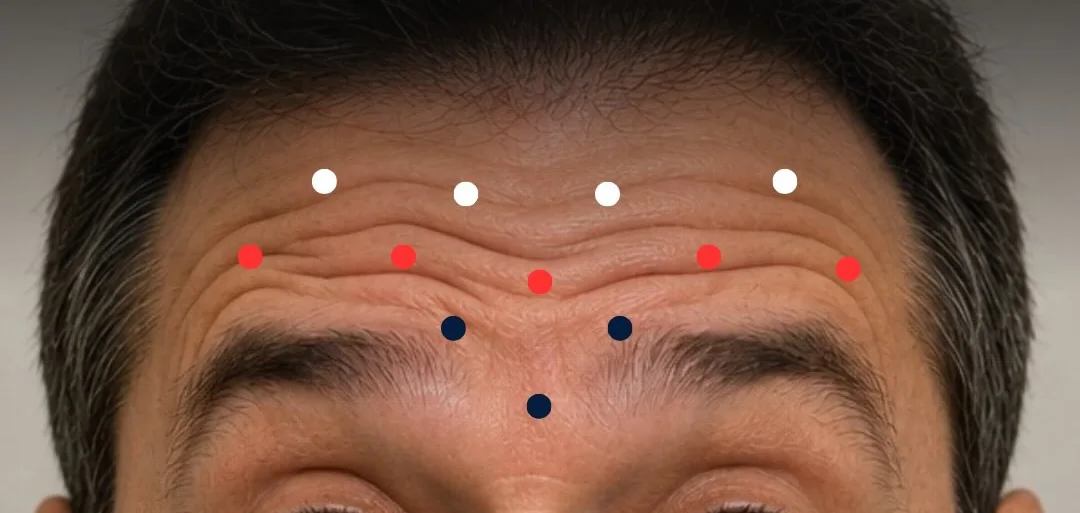 A mesma testa, com os pontos do terço inferior do músculo frontal destacados em vermelho